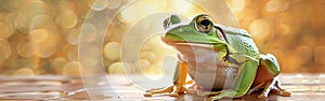 Happy Leap Day Greeting Card: Green Frog Illustration on Table Background for Leap Year Concept