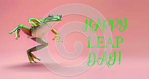 Happy Leap Day. Jumping green frog on trendy pink background