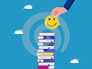 Happy learning. Businessman holding happy stack of books