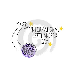 Happy Left-handers Day. August 13, International Lefthanders Day celebration. Left hand holds a pen and writes. Vector