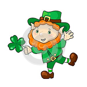 Happy Leprechaun with clover, St Patrick`s Day vector illustration on white background. Funny dwarf in green shamrock