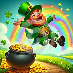 Happy leprechaun pot gold coins end of rainbow