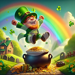 Happy leprechaun pot gold coins end of rainbow