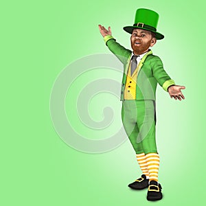 Happy Leprechaun wearing a green costume and hat, with arms outstretched in welcome