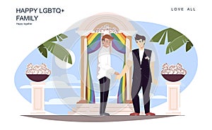 Happy LGBT family concept. Loving men get married in wedding suits at festive ceremony on island scene. Diverse multiracial couple