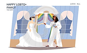 Happy LGBT family concept. Loving women get married in white wedding dress and suit, ceremony scene. Diverse multiracial couple,