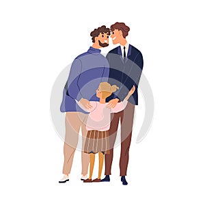 Happy lgbt family hugging and feeling love vector flat illustration. Gay couple with kid. Two enamored fathers cuddle