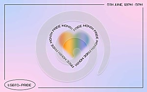 Happy LGBTQ pride web banner design. Gradient mesh background with pride rainbow flag colored blurred heart and retro