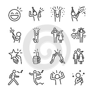 Happy line icon set. Included the icons as fun, enjoy, party, good mood, celebrate, success and more.