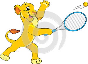 Happy lion cub plays tennis