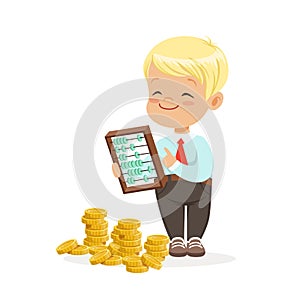 Happy lirrle boy businessman counting his money, kids financial business vector Illustration