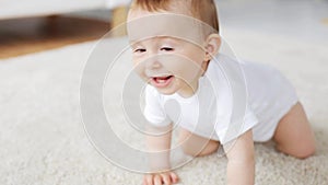 Happy little baby crawling in living room at home 29