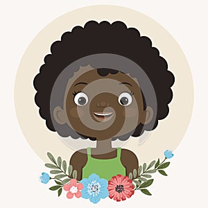 Happy little black girl portrait. Smiling black child with flowers in cartoon style.