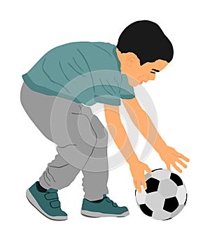 Happy little boy with ball vector illustration isolated on white background. Kid playing with ball favorite toy. Soccer junior.