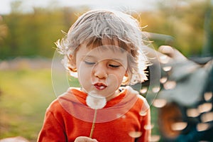 Happy little boy blowing on dandelion in park. 3 years old child making wishes, joy, childhood concept