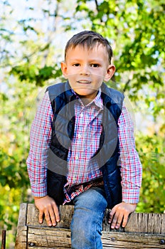 Happy little boy climbing over a fence