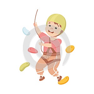 Happy Little Boy Climbing Wall Crawling Up Equipped with Rope Vector Illustration