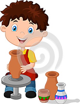 Happy little boy creating a vase on a pottery wheel
