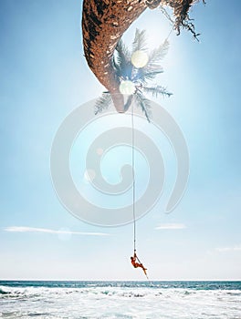 Happy little boy dangles on tropical palm tree swing. Careless happy childchood concept image