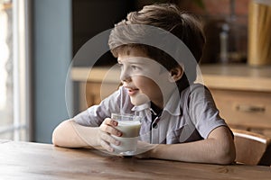 Happy little boy drink tasty wholegrain milk