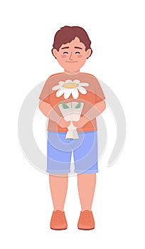 Happy little boy with flower semi flat color vector character