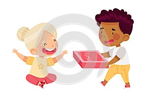 Happy Little Boy and Girl Playing Jigsaw Puzzle on the Floor Vector Illustration