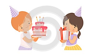 Happy Little Boy and Girl Wearing Cone Birthday Hat Holding Gift Box and Cake with Candles Cheering About Holiday Vector