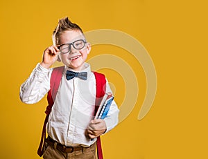 Happy little boy in glasses with books and bag on his first day to school. Funny child against yellow background