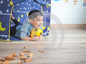 Happy little boy having fun with a play tent