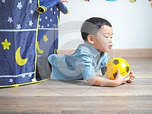 Happy little boy having fun with a play tent