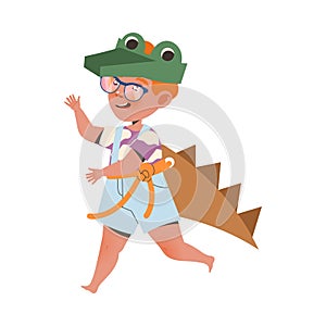 Happy Little Boy in Homemade Cardboard Gator Costume Playing and Having Fun Vector Illustration