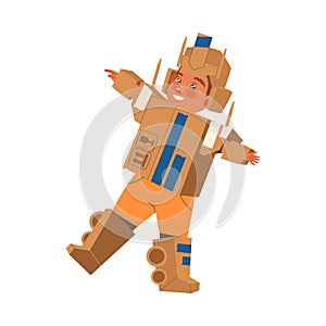Happy Little Boy in Homemade Cardboard Robot Costume Playing and Having Fun Vector Illustration