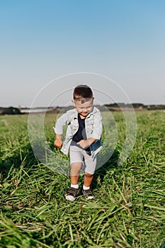 Happy little boy jumping on grass in summer day