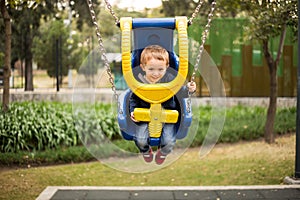 Happy little boy on the playground swing