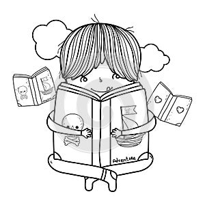 Happy little boy reading books with clouds