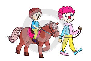 Happy little boy riding horse led by circus clown