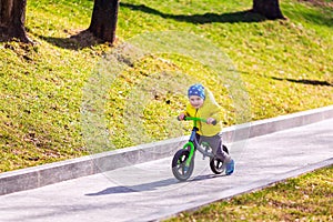 Happy little boy riding a run-bike in the park