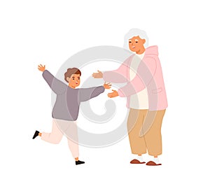 Happy little boy running to hug glad to visit smiling grandmother vector flat illustration. Joyful relatives enjoying photo