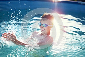 Happy little boy splashing in swimming pool