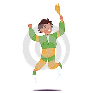Happy Little Boy in Sportswear Jumping While Holding Up A Gold Cup Trophy Celebrating Winning Competition Contest