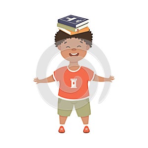 Happy Little Boy with Stack of Books in his Head, Preschool Child Loving Literature, Kids Education Concept Cartoon
