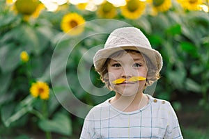 Happy little boy walking in field of sunflowers and making a mustache from sunflower petals.