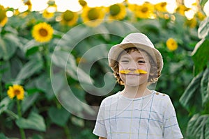 Happy little boy walking in field of sunflowers and making a mustache from sunflower petals.
