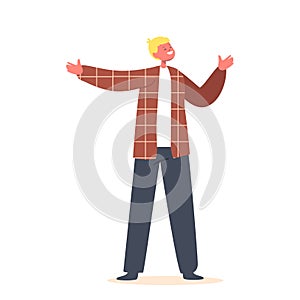 Happy Little Boy Wear Chequered Shirt and Black Trousers Stand with Outstretched Arms. Child Character Smiling