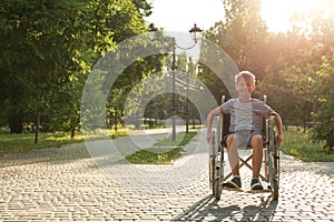 Happy little boy in wheelchair at park on sunny day