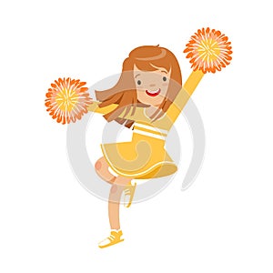 Happy little cheerleader girl dancing with yellow pompoms. Colorful cartoon character vector Illustration