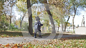 Happy little child, baby boy laughing and playing in the autumn in the park walk outdoors.