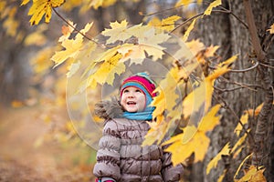 Happy little child, baby girl laughing and playing leaves in the autumn on the nature walk outdoors