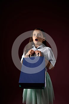 happy little child girl holds many shopping bags