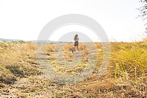 Happy little child running in a summer field of feather grass. Children's Day, happy childhood